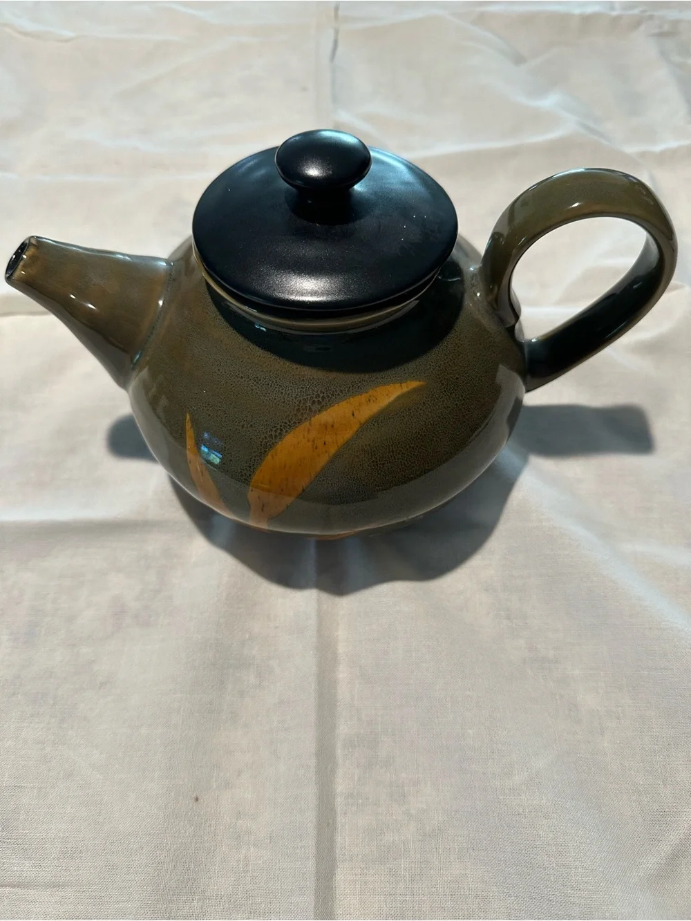 Pier 1  Hand-Painted Ceramic Teapot in Olive Green with Black Lid